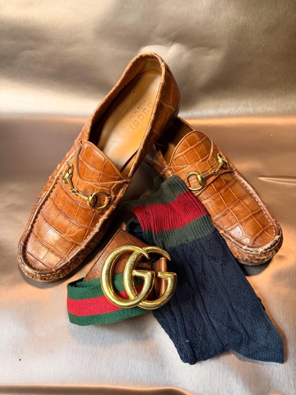 Men's GUCCI croc Horsebit loafer sz11/US12, GG web belt and cable knit socks
